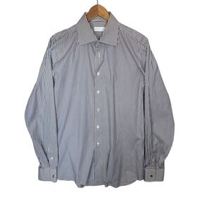 Prada Mens Blue Brown Striped Long Sleeve Button Down Dress Shirt Size 42 16.5